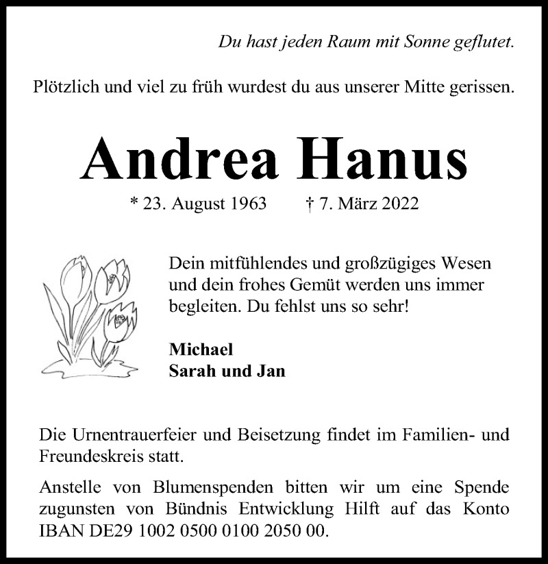 Traueranzeige Andrea Hanus